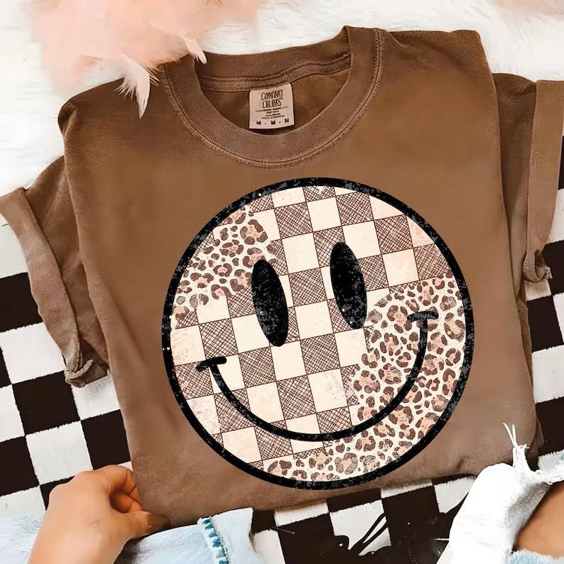 Leopard Smiley Checkered Graphic Tee